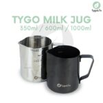 TYGO MILK JUG EMBOS SCALE BARISTA LATTE ART 350ML 600ML 1000ML SILVER BLACK TITANIUM/STAINLESS
