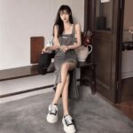 XJ0106 Gaun Wanita Korea Vintage dengan Slit dan Rok Jekselover Denim