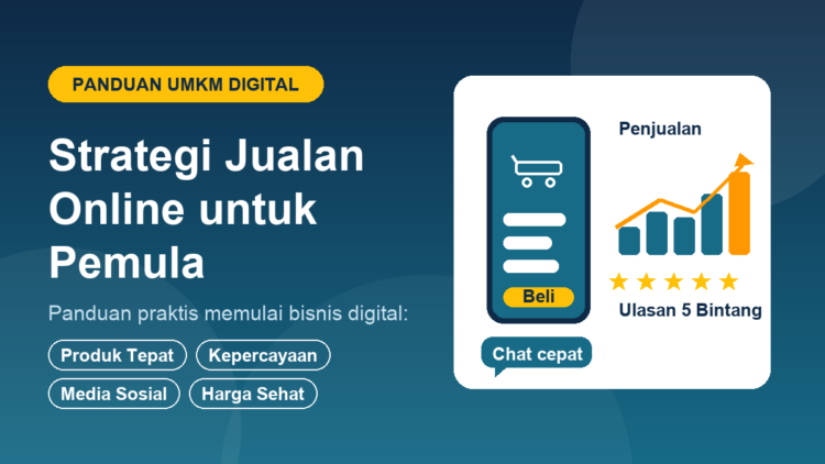 Ilustrasi strategi jualan online untuk pemula dengan mockup toko online di ponsel, grafik penjualan naik, ulasan 5 bintang, dan layanan chat cepat