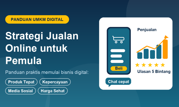 Ilustrasi strategi jualan online untuk pemula dengan mockup toko online di ponsel, grafik penjualan naik, ulasan 5 bintang, dan layanan chat cepat